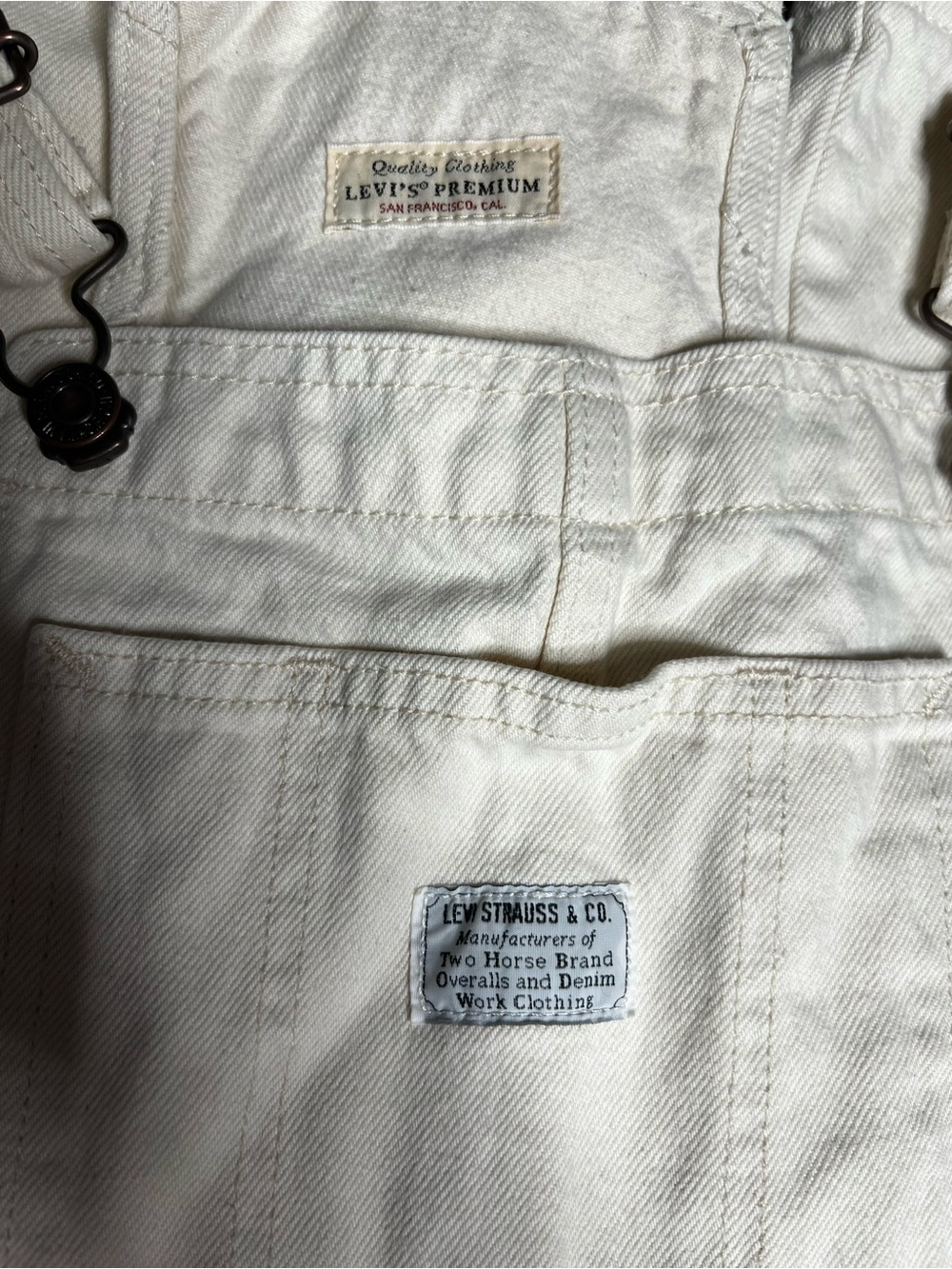 Levi’s Premium Cream Wide Leg Utility Overalls Large Double Knee Dungarees - Picture 4 of 9